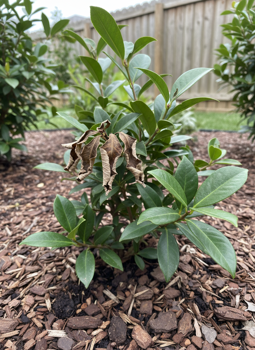 A close-up, diagnostic scene of a single shrub with a few discolored leaves, surrounded by otherwise healthy foliage in a suburban western Washington garden. The affected leaves show clear, realistic spotting and curling, while nearby branches display glossy, vigorous growth, all emerging from dark, moist soil speckled with small bark chips. In the softly blurred background, other plants and a wooden fence hint at a larger, well-tended yard. Overcast natural light creates gentle contrast and reveals fine leaf veins and surface textures. Captured in photographic realism with a shallow depth of field and centered composition, the image feels analytical yet reassuring, conveying careful plant identification and problem-solving expertise without being alarming or dramatic.