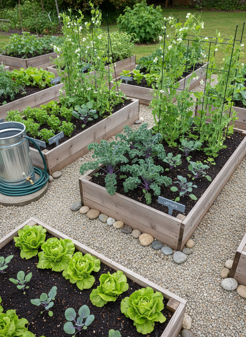 A compact, highly organized vegetable garden tailored for a rainy climate, featuring neatly arranged cedar raised beds filled with dark, well-drained soil and thriving crops: kale, lettuce, sugar snap peas on trellises, and evenly spaced brassicas, all labeled with professional-looking plant markers. Between the beds, clean gravel pathways prevent mud, and a small, modern galvanized steel rain barrel stands at one end with a tidy hose coiled beside it. Soft, overcast light illuminates dewy leaves, enhancing greens and subtle purple stems without harsh contrast. Photographic realism with a slightly elevated, diagonal composition captures the overall layout and efficient use of space. The ambiance is practical, orderly, and quietly optimistic, emphasizing systematic planning and consulting for productive home food gardens in western Washington.