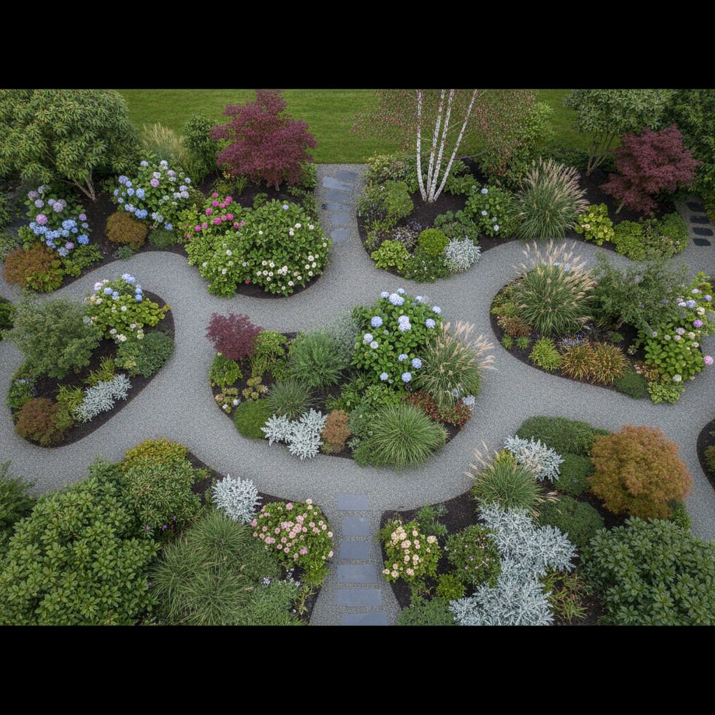 A detailed overhead view of a well-designed residential garden plan brought to life: curved gravel paths weaving between mixed planting beds of ornamental grasses, flowering shrubs, and small trees chosen for a damp, temperate climate. Each bed is densely planted with diverse foliage colors and textures, from glossy dark green leaves to soft silvery groundcovers. Wet flagstone steppers glisten slightly, hinting at recent rain. Soft, even, cloudy daylight creates a cool, balanced tone with minimal shadows. Photographic realism mimics a drone-style bird’s-eye composition, showcasing clear structure, logical layout, and efficient use of space. The atmosphere feels precise, organized, and expert-driven, reflecting thoughtful garden consulting and strategic planning for western Washington properties.