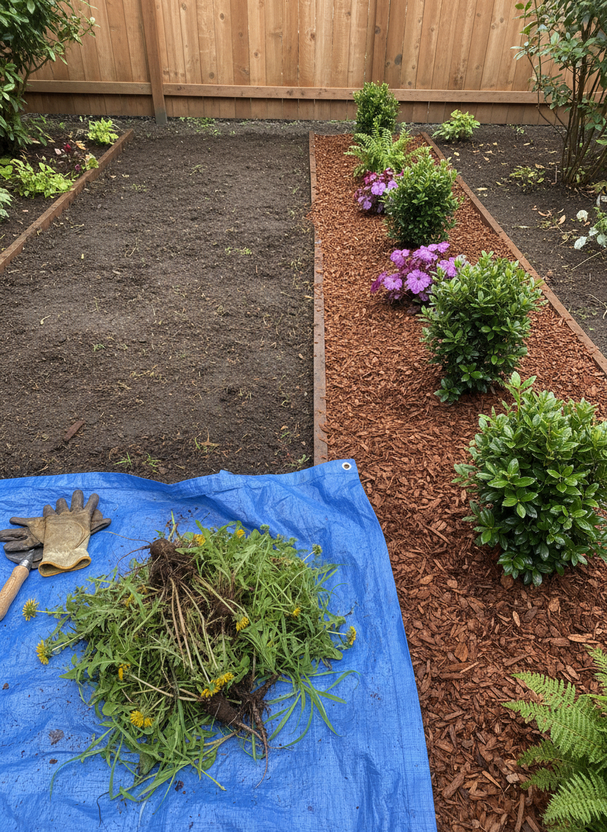A tidy side yard transformation scene featuring a once-weedy strip now converted into a clean, low-maintenance planting area. In the foreground, bare soil has been freshly cleared of weeds, with a small neat pile of uprooted dandelions and grass runners resting on a tarp beside the bed. Nearby, the newly prepared soil is evenly covered in rich, chocolate-brown mulch, surrounding compact evergreen shrubs and hardy perennials suitable for a rainy climate. Moist, diffused Pacific Northwest daylight enhances the earthy tones and subtle sheen on wet leaves. Photographic realism at a slightly elevated angle shows the contrast between ‘before’ and ‘after’ zones within one frame. The mood is productive, methodical, and professional, underscoring practical weeding and maintenance support.
