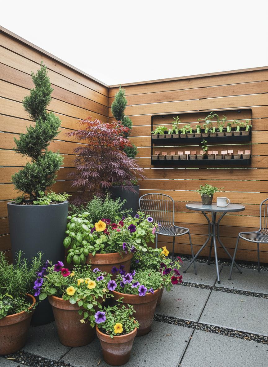 An inviting, small urban patio garden optimized for a cloudy western Washington afternoon, featuring an assortment of containers arranged with deliberate, expert balance. Tall, graphite-colored planters hold dwarf conifers and Japanese maples, while lower terracotta pots overflow with edible herbs and trailing flowers. A slim, modern metal shelf against a wood-slat fence supports organized rows of labeled seedlings and reference plant tags. Soft, even overcast light lends a calm, cool clarity to every leaf and container surface, with minimal harsh shadows. Photographic realism from an eye-level, slightly wide-angle perspective captures the entire compact space, emphasizing smart use of vertical and horizontal areas. The atmosphere is efficient, polished, and aspirational, demonstrating how consulting can turn even the smallest patio into a functional, beautiful garden.